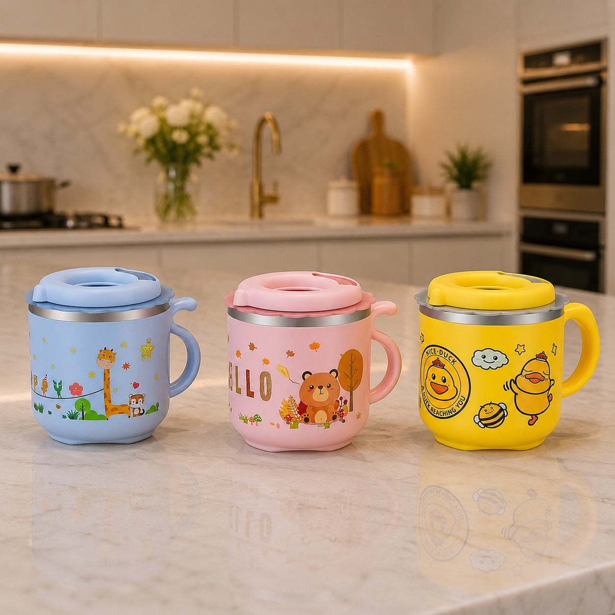 Tasse d'apprentissage bebe sur table de travaille de cuisine