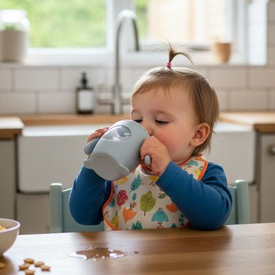 tasse d apprentissage bleu avec les main du  garcon