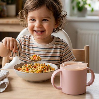 Tasse d'apprentissage bébé sur la chaise haute