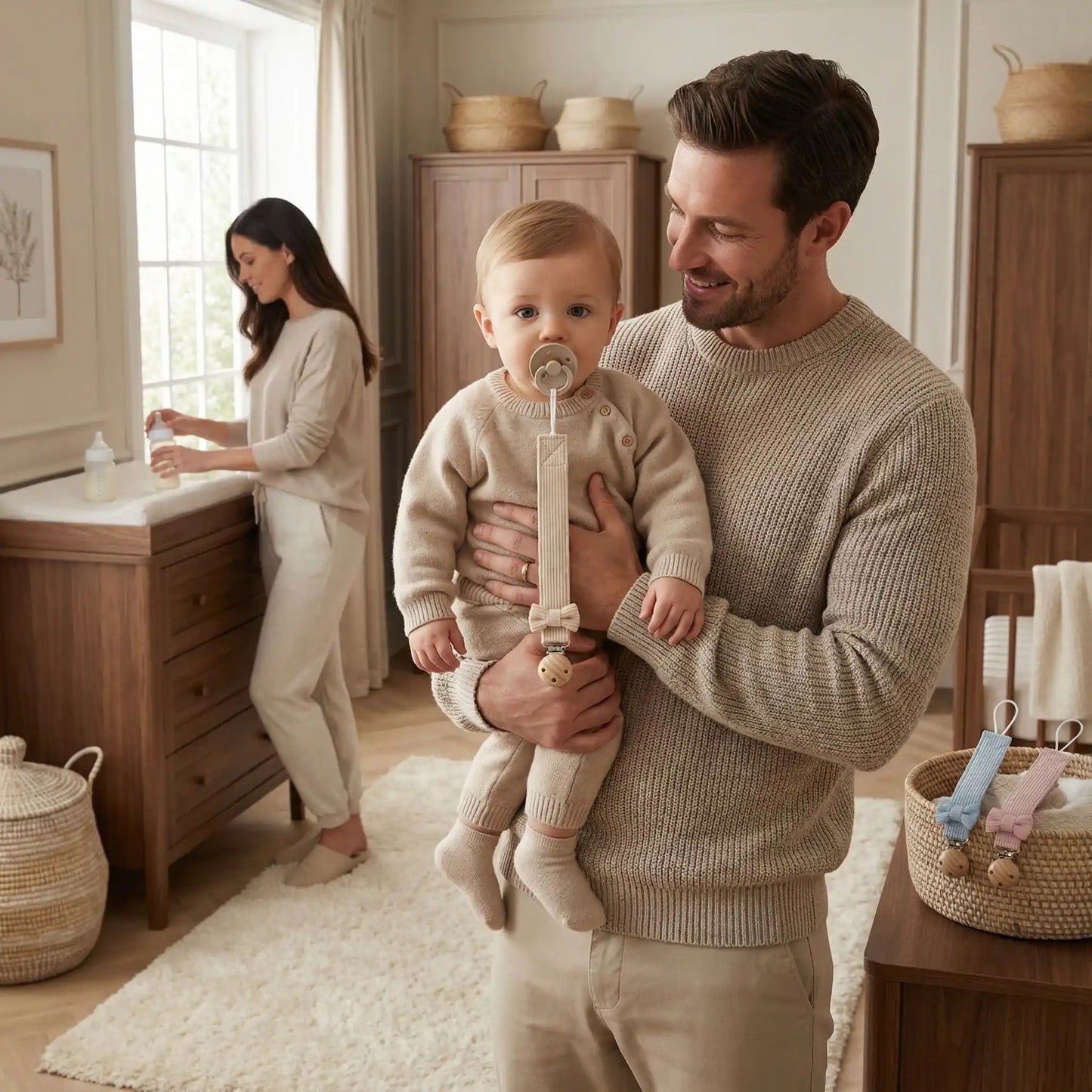 tetine attaché avec attache tetine beige et maman prépare le biberon