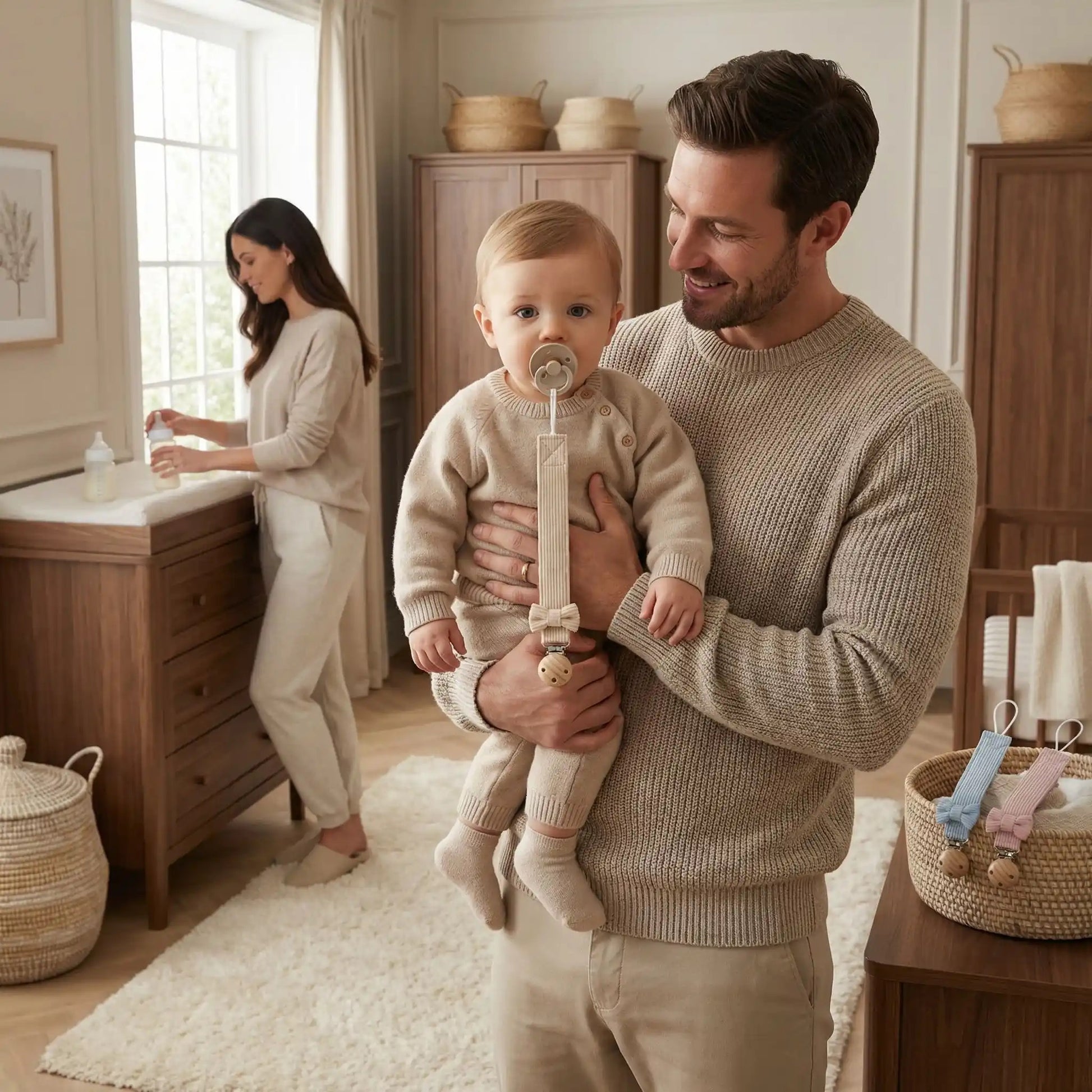 tetine attaché avec attache tetine beige et maman prépare le biberon