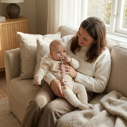 tetine dans la bouche du bebe attaché avec attache tetine