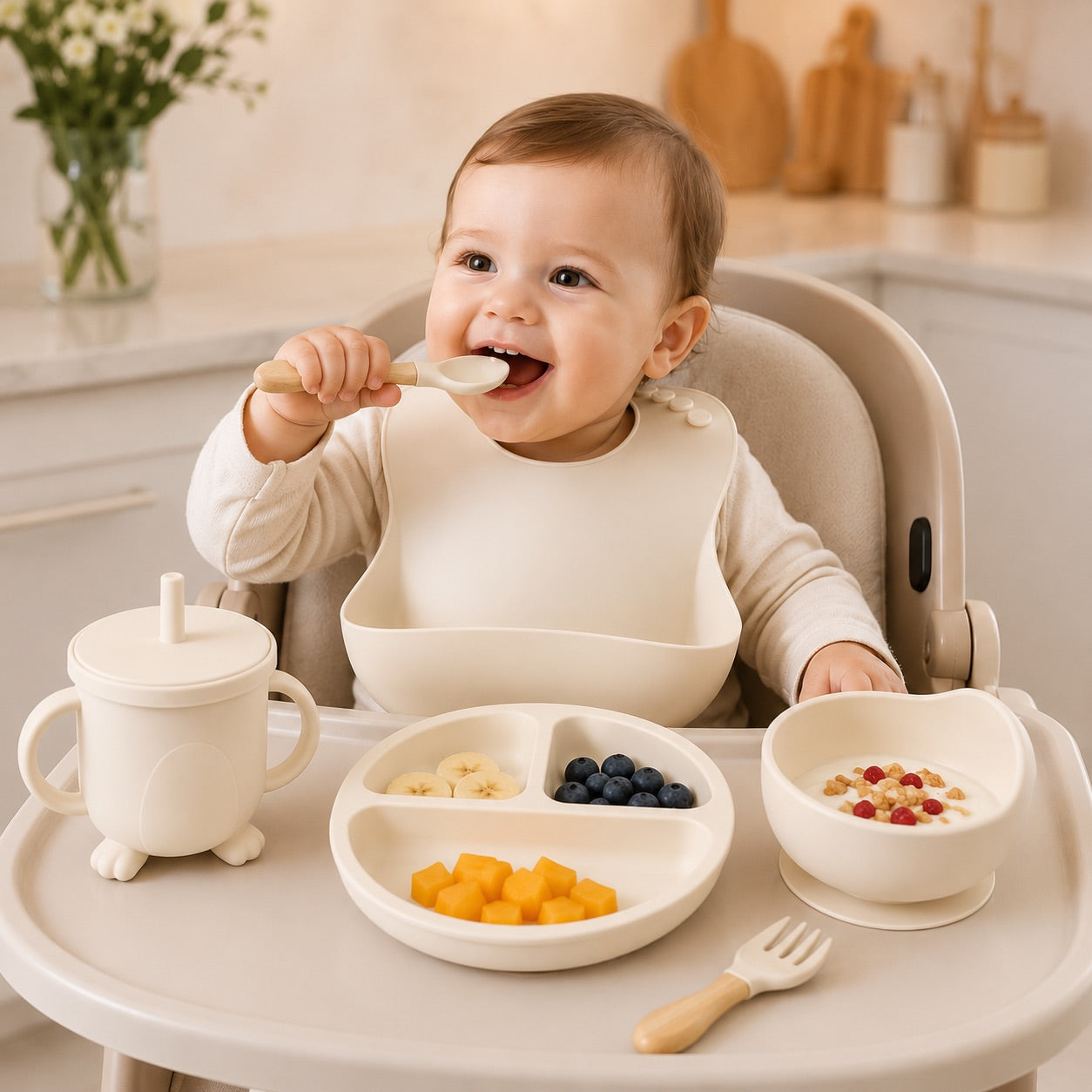 Un coffret repas bébé blanc casse