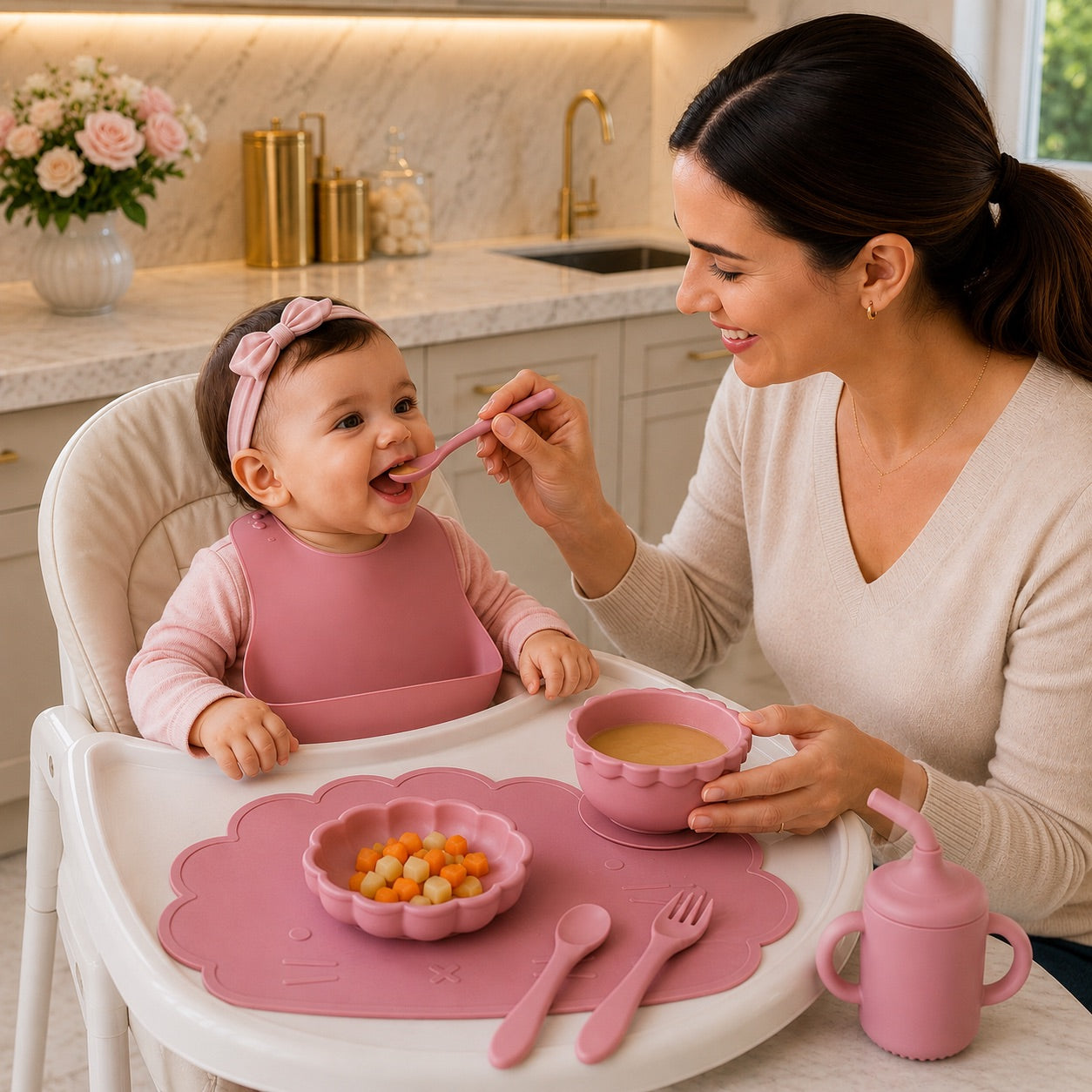 Un coffret repas bébé de couleur rose surtable