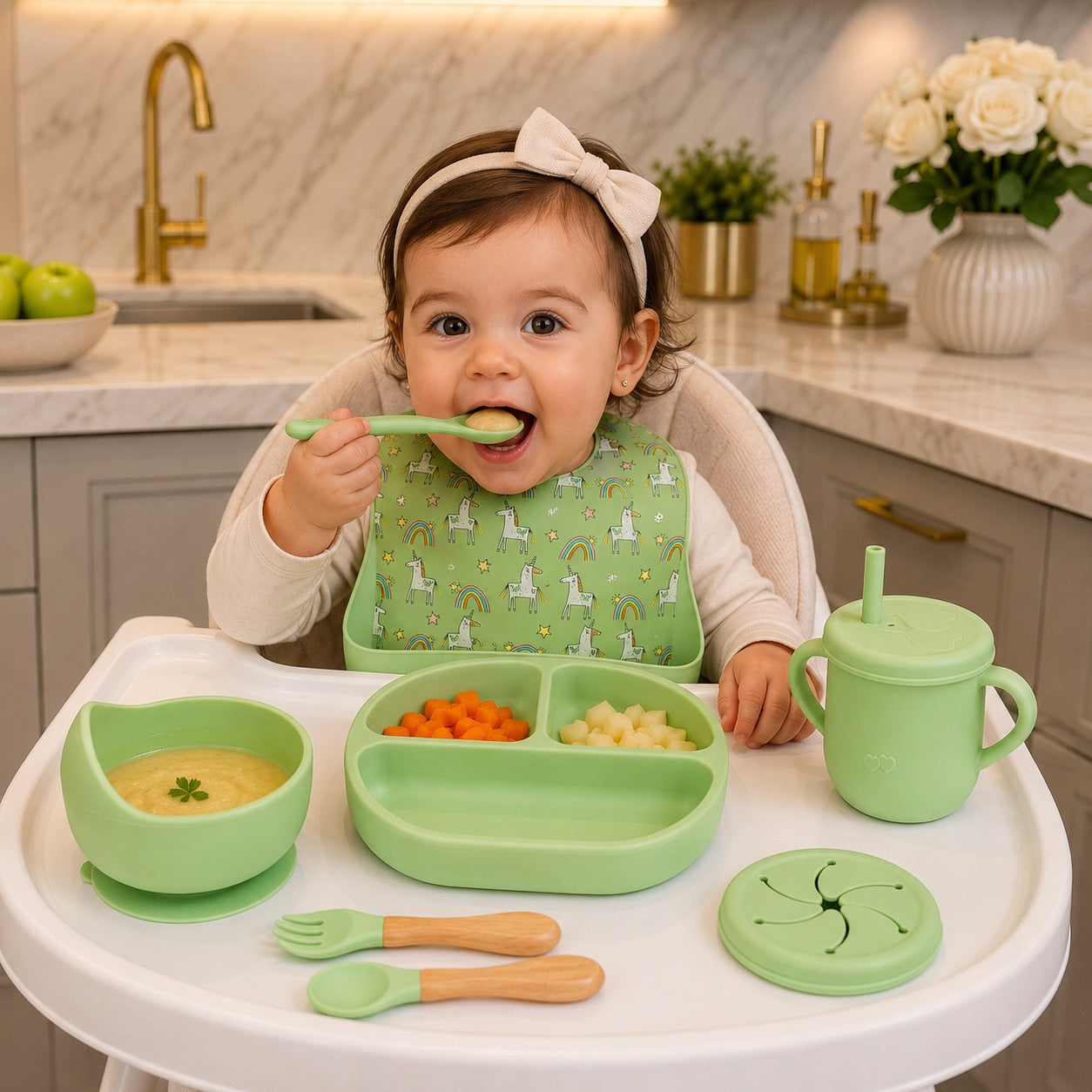 un coffret repas bebe sur chaise haute