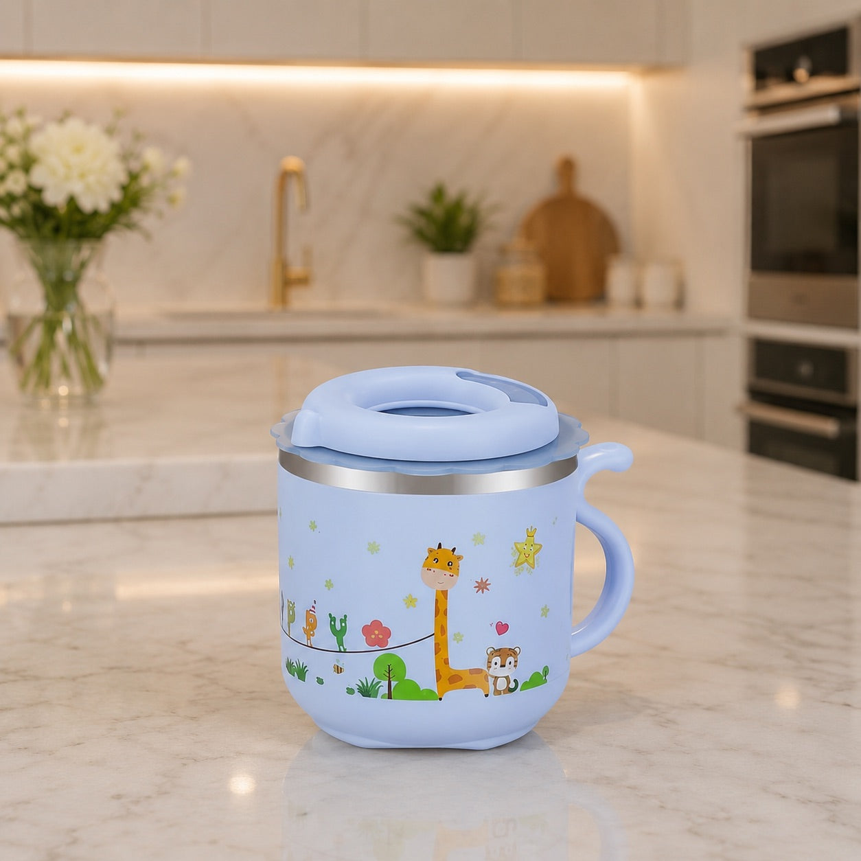 Un tasse d'apprentissage bebe bleu sur table
